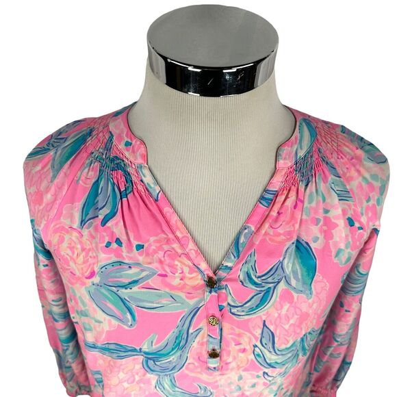 Lilly Pulitzer Elsa Blouse Top Womens XS Pink Floral Silk Split Neck Long Sleeve - Picture 2 of 10